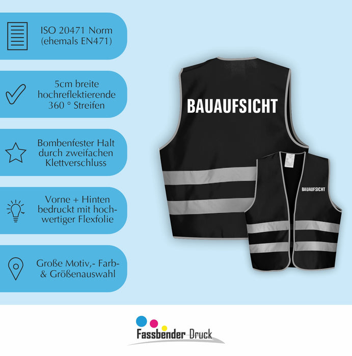BAUAUFSICHT Warnweste | Signalweste | Sicherheitsweste nach ISO 20471 | 6 Farben + 3 Größen