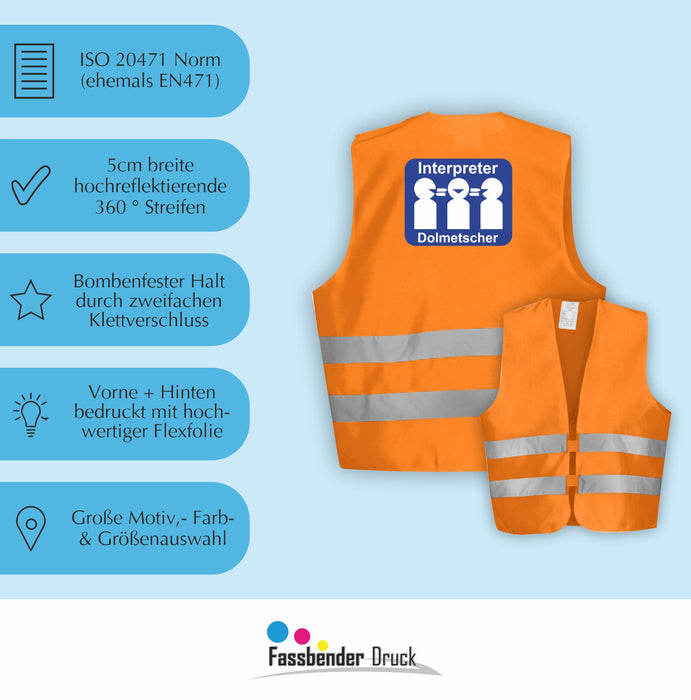 DOLMETSCHER Warnweste | Signalweste | Sicherheitsweste nach ISO 20471 | 6 Farben + 3 Größen