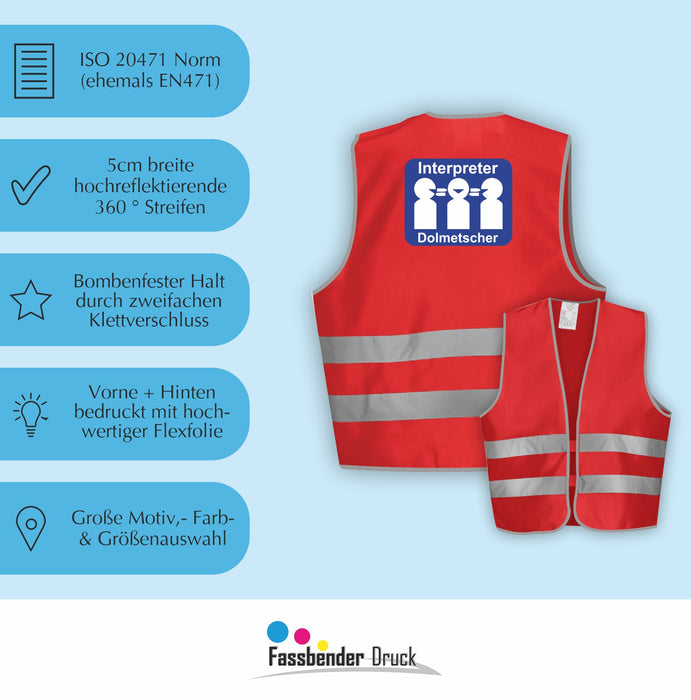 DOLMETSCHER Warnweste | Signalweste | Sicherheitsweste nach ISO 20471 | 6 Farben + 3 Größen