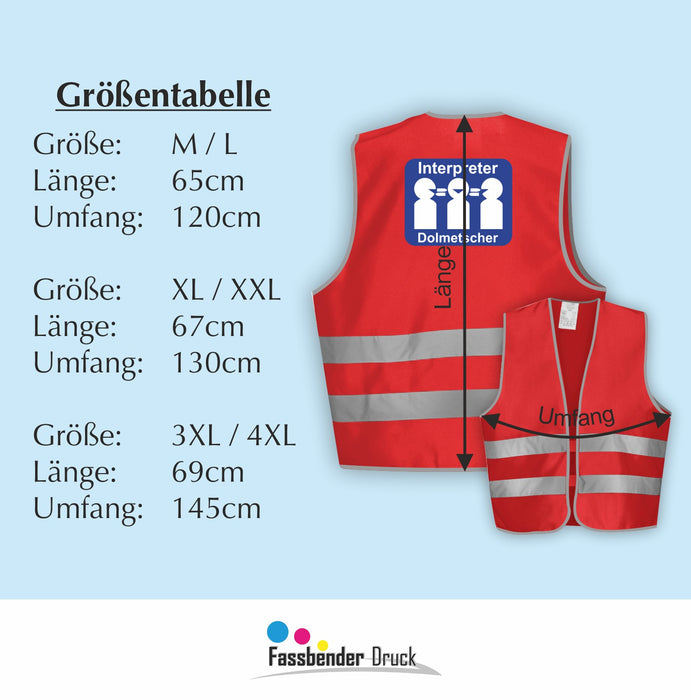 DOLMETSCHER Warnweste | Signalweste | Sicherheitsweste nach ISO 20471 | 6 Farben + 3 Größen