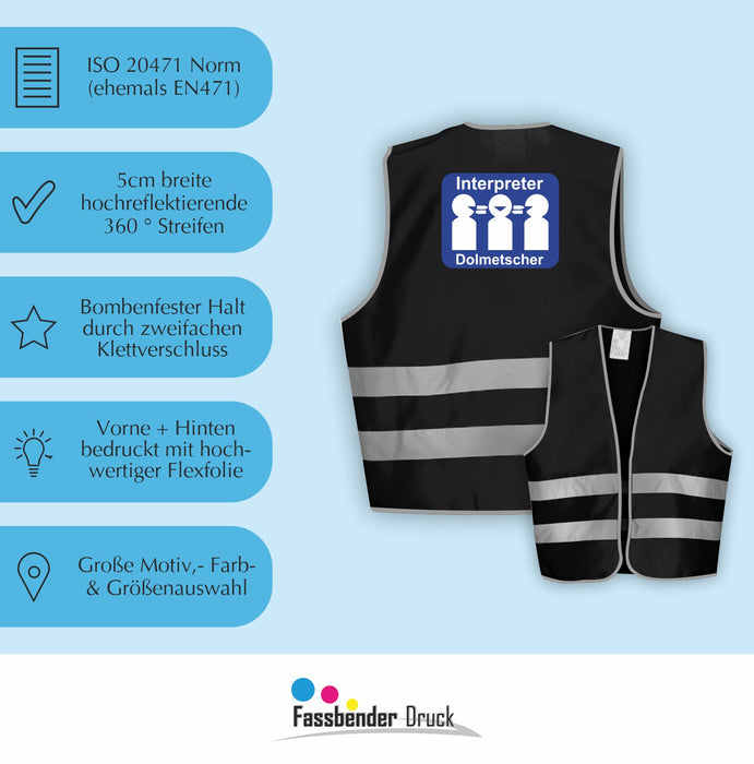 DOLMETSCHER Warnweste | Signalweste | Sicherheitsweste nach ISO 20471 | 6 Farben + 3 Größen