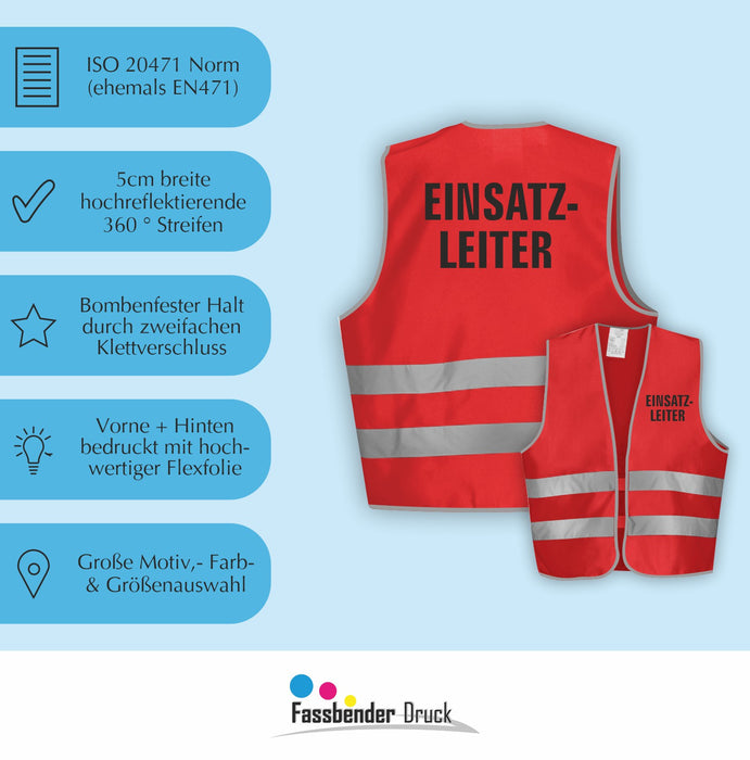 EINSATZLEITER Warnweste | Signalweste | Sicherheitsweste nach ISO 20471 | 6 Farben + 3 Größen