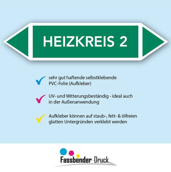Rohrleitungskennzeichen HEIZKREIS 2 nach DIN EN 2403:2014-06 und TRGS 201- mit 2 spitzen zum selber ausrichten