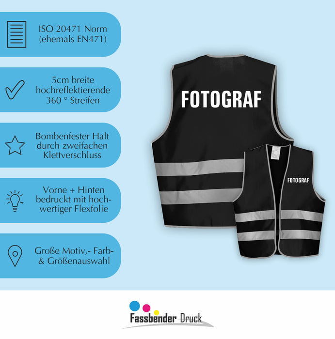 FOTOGRAF Warnweste | Signalweste | Sicherheitsweste nach ISO 20471 | 6 Farben + 3 Größen