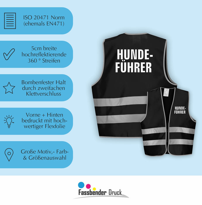 HUNDEFÜHRER Warnweste | Signalweste | Sicherheitsweste nach ISO 20471 | 6 Farben + 3 Größen