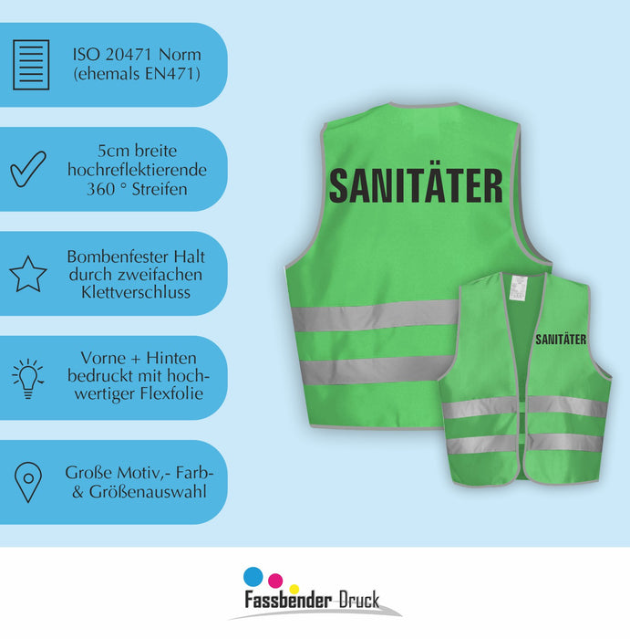 SANITÄTER Warnweste | Signalweste | Sicherheitsweste nach ISO 20471 | 6 Farben + 3 Größen