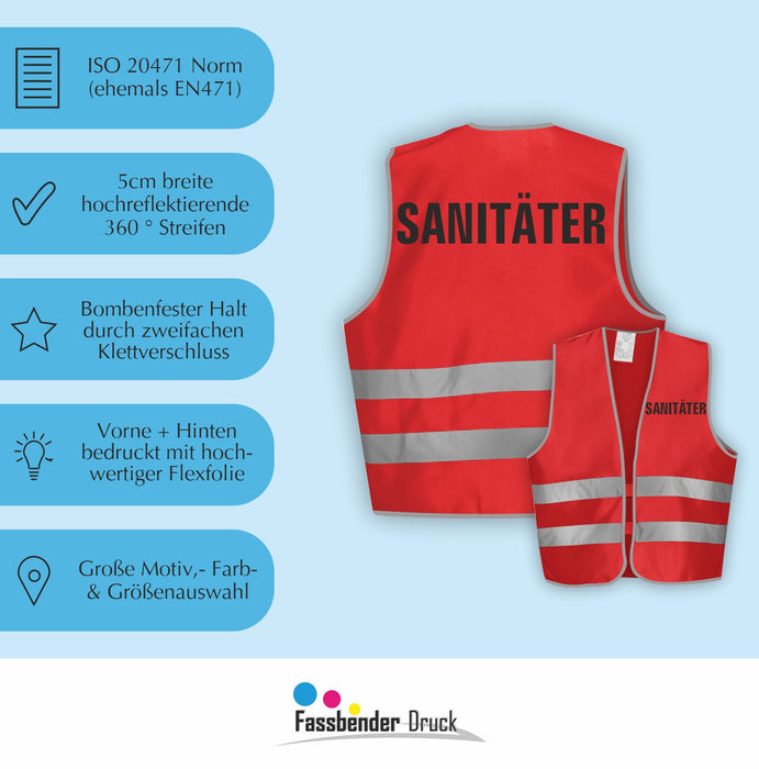 SANITÄTER Warnweste | Signalweste | Sicherheitsweste nach ISO 20471 | 6 Farben + 3 Größen