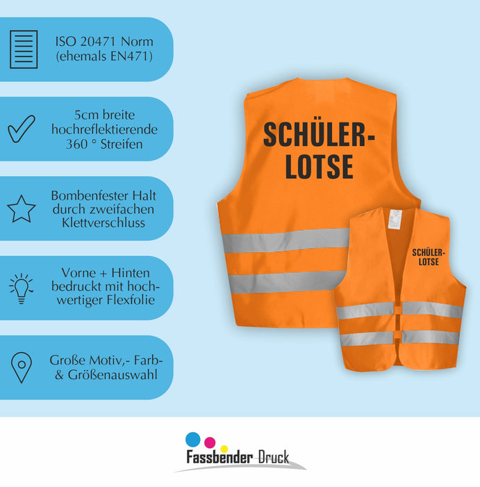 SCHÜLERLOTSE Warnweste | Signalweste | Sicherheitsweste nach ISO 20471 | 6 Farben + 3 Größen