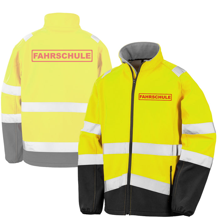 FAHRSCHULE Softshell Warnjacke / Sicherheitsjacke mit Reißverschluss und Taschen