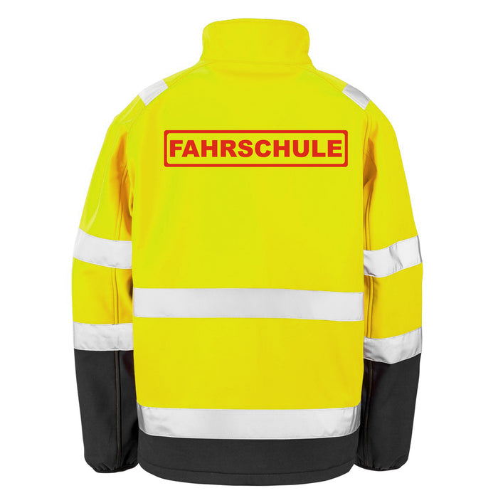 FAHRSCHULE Softshell Warnjacke / Sicherheitsjacke mit Reißverschluss und Taschen