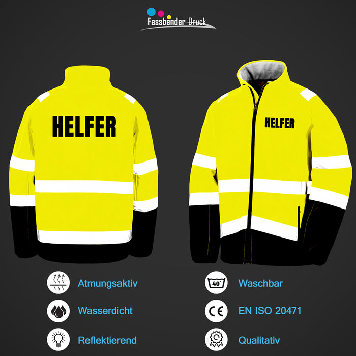 HELFER Softshell Warnjacke / Sicherheitsjacke mit Reißverschluss und Taschen