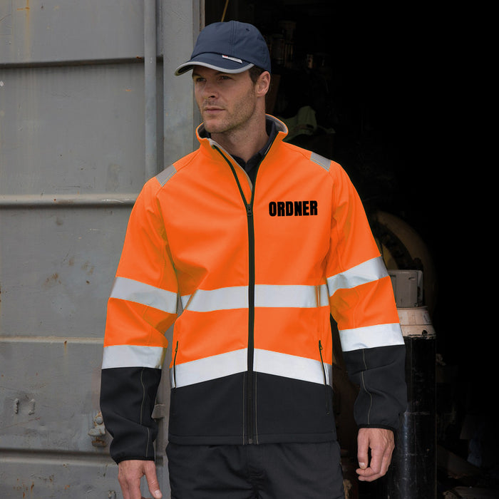 ORDNER Softshell Warnjacke / Sicherheitsjacke mit Reißverschluss und Taschen