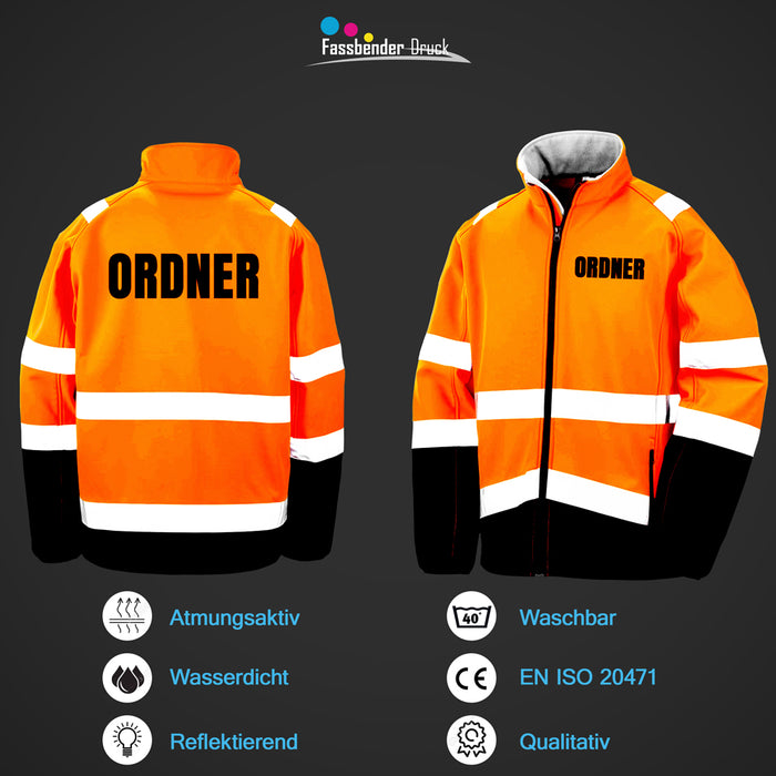 ORDNER Softshell Warnjacke / Sicherheitsjacke mit Reißverschluss und Taschen