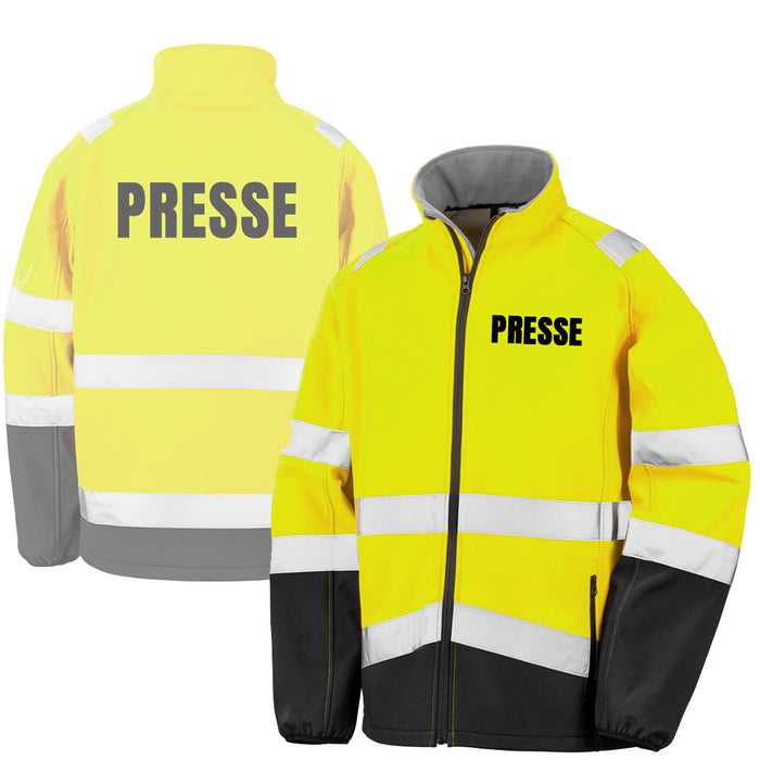 PRESSE Softshell Warnjacke / Sicherheitsjacke mit Reißverschluss und Taschen