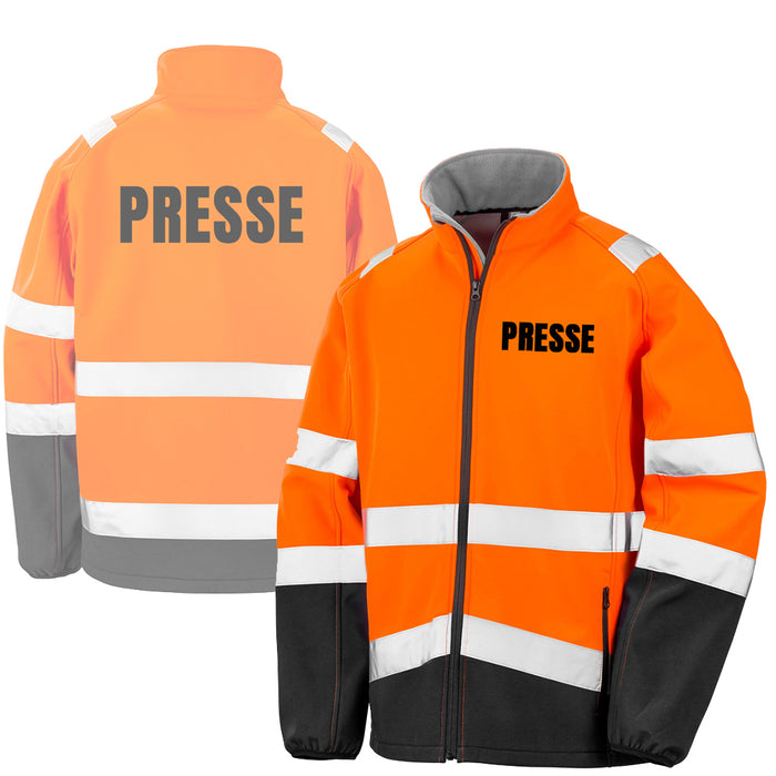 PRESSE Softshell Warnjacke / Sicherheitsjacke mit Reißverschluss und Taschen