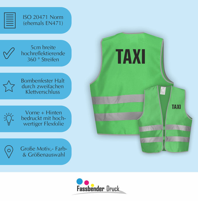 TAXI Warnweste | Signalweste | Sicherheitsweste nach ISO 20471 | 6 Farben + 3 Größen