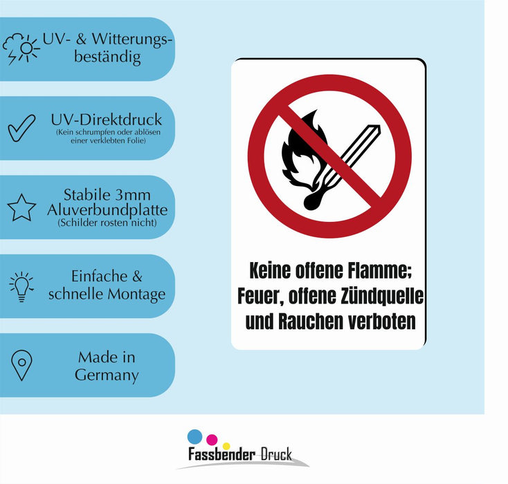 Verbotszeichen / Verbotsschild Keine offene Flamme (P003) - zum markieren von Verbotszonen nach DIN EN ISO 7010