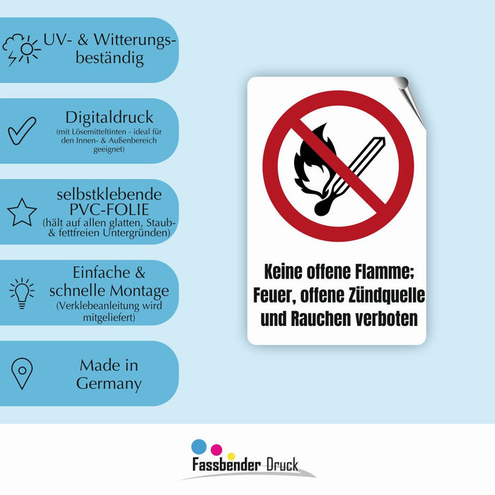Verbotszeichen / Verbotsschild Keine offene Flamme (P003) - zum markieren von Verbotszonen nach DIN EN ISO 7010