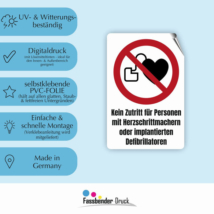 Verbotszeichen / Verbotsschild Kein Zutritt für Personen mit Herzschrittmachern (P007) - zum markieren von Verbotszonen nach DIN EN ISO 7010