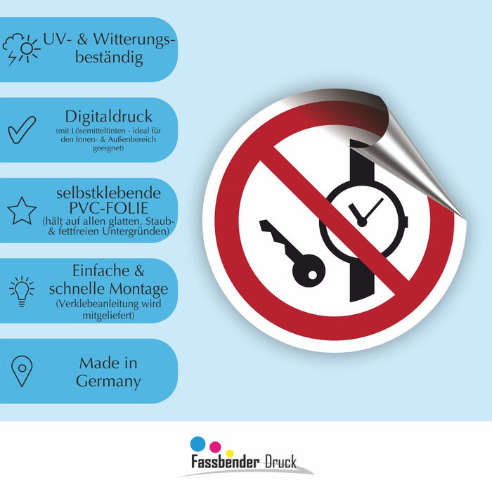 Verbotszeichen Mitführen von Metallteilen oder Uhren verboten RUND (P008) Piktogram nach DIN EN ISO 7010