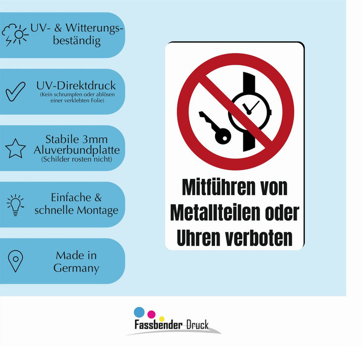 Verbotszeichen / Verbotsschild Mitführen von Metallteilen oder Uhren verboten (P008) - zum markieren von Verbotszonen nach DIN EN ISO 7010