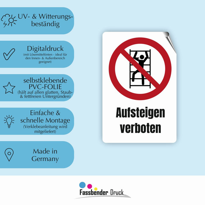 Verbotszeichen / Verbotsschild Aufsteigen verboten (P009) - zum markieren von Verbotszonen nach DIN EN ISO 7010