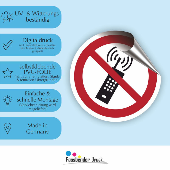 Verbotszeichen Eingeschaltete Mobiltelefone verboten RUND (P013) Piktogram nach DIN EN ISO 7010