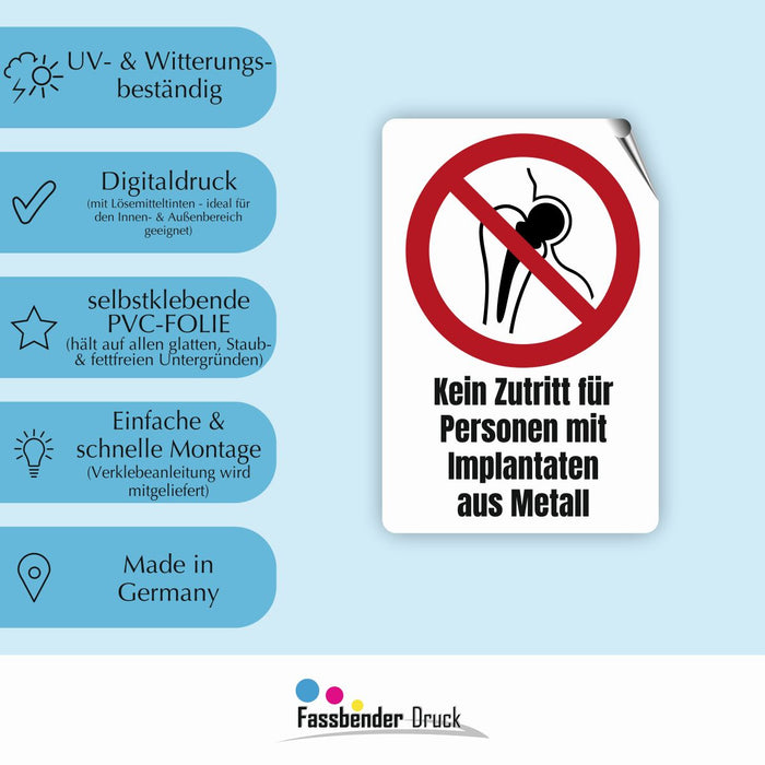 Verbotszeichen / Verbotsschild Kein Zutritt für Personen mit Implantaten aus Metall (P014) - zum markieren von Verbotszonen nach DIN EN ISO 7010