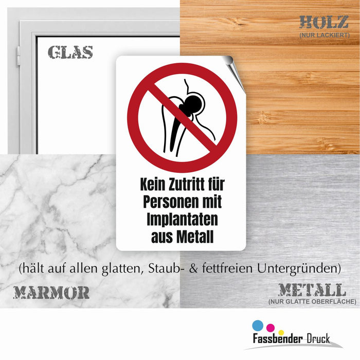 Verbotszeichen / Verbotsschild Kein Zutritt für Personen mit Implantaten aus Metall (P014) - zum markieren von Verbotszonen nach DIN EN ISO 7010