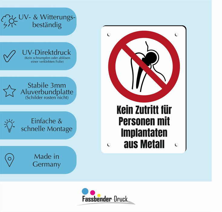 Verbotszeichen / Verbotsschild Kein Zutritt für Personen mit Implantaten aus Metall (P014) - zum markieren von Verbotszonen nach DIN EN ISO 7010