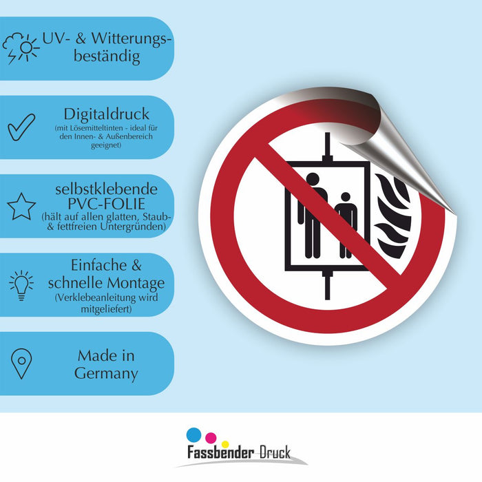 Verbotszeichen Aufzug im Brandfall nicht benutzen RUND (P020) Piktogram nach DIN EN ISO 7010