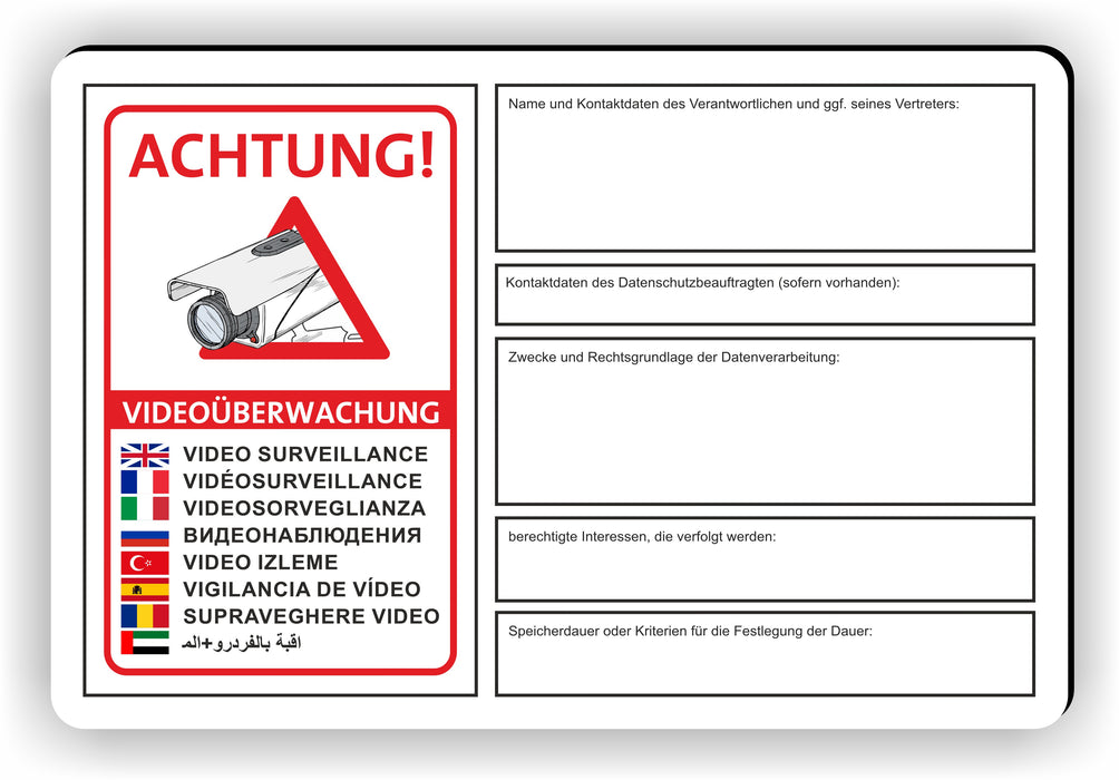 ACHTUNG VIDEOÜBERWACHT (9 Sprachen) MIT WUNSCHTEXT zum selber gestalten