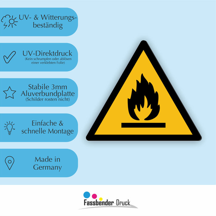 Warnzeichen (W021) Warnung vor feuergefährlichen Stoffen - nach DIN EN ISO 7010