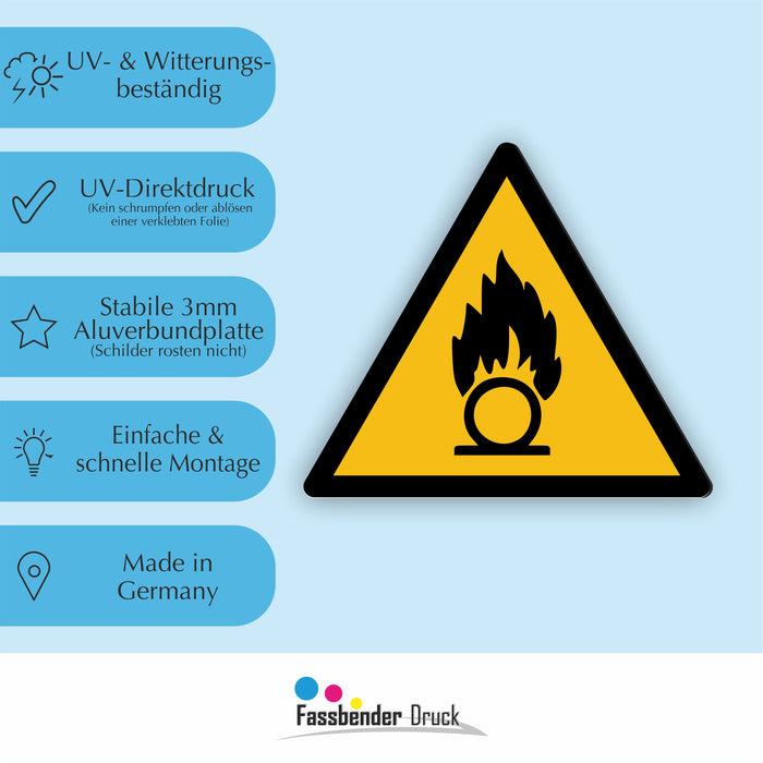 Warnzeichen (W028) Warnung vor brandfördernden Stoffen - nach DIN EN ISO 7010