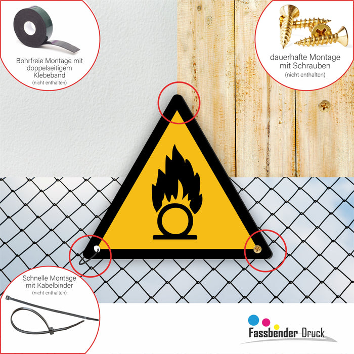 Warnzeichen (W028) Warnung vor brandfördernden Stoffen - nach DIN EN ISO 7010