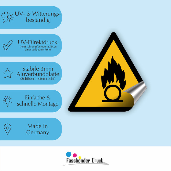 Warnzeichen (W028) Warnung vor brandfördernden Stoffen - nach DIN EN ISO 7010