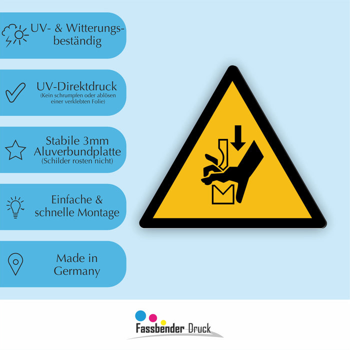 Warnzeichen (W030) Warnung vor Quetschgefahr der Hand zwischen Werkzeugen einer Presse - nach DIN EN ISO 7010