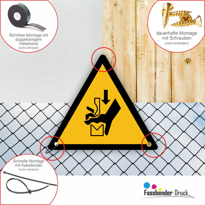 Warnzeichen (W030) Warnung vor Quetschgefahr der Hand zwischen Werkzeugen einer Presse - nach DIN EN ISO 7010