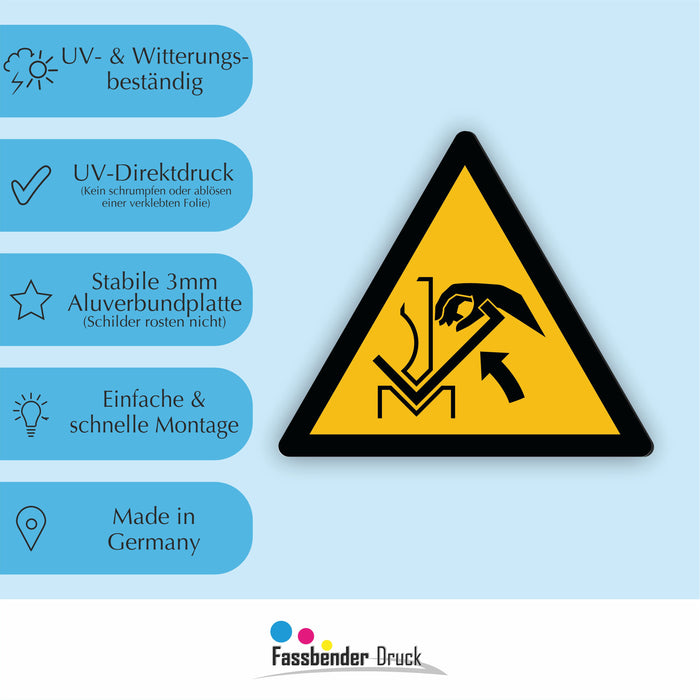 Warnzeichen (W031) Handquetschung zwischen dem Werkzeug der Abkantpresse - nach DIN EN ISO 7010