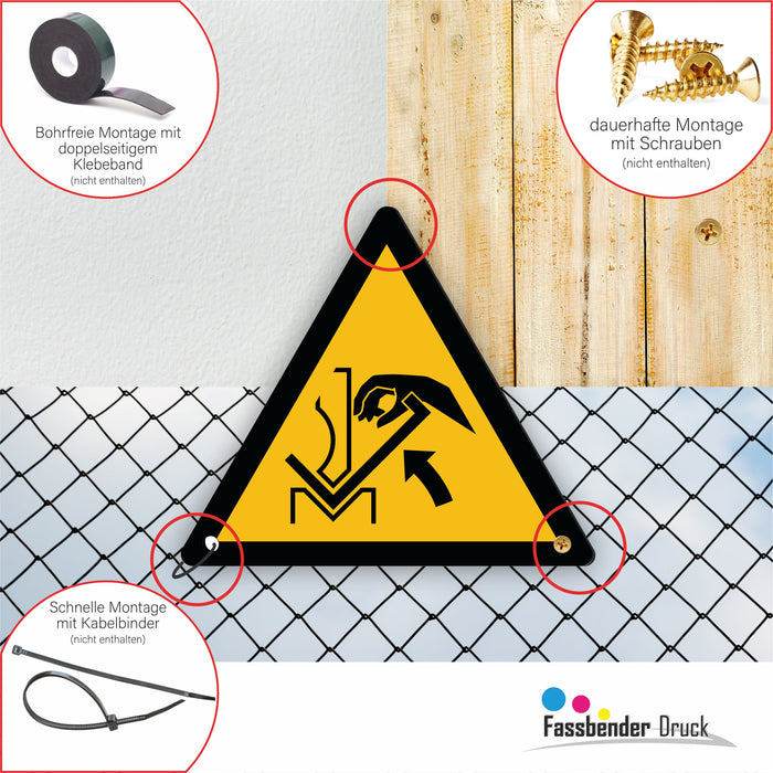 Warnzeichen (W031) Handquetschung zwischen dem Werkzeug der Abkantpresse - nach DIN EN ISO 7010