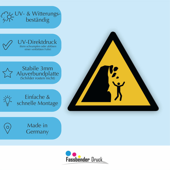 Warnzeichen (W053) Warnung vor Steinschlag von instabiler Klippe - nach DIN EN ISO 7010