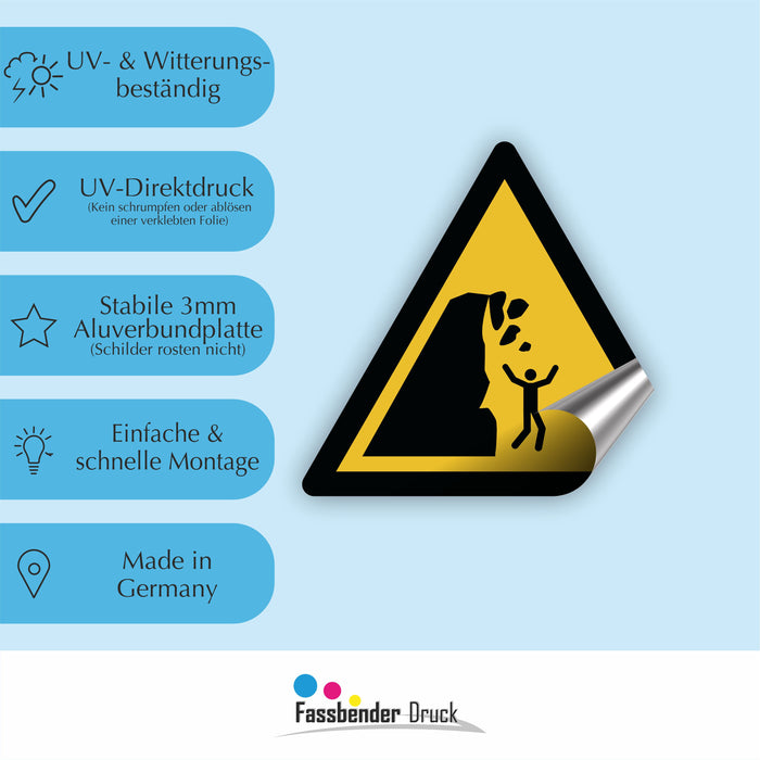 Warnzeichen (W053) Warnung vor Steinschlag von instabiler Klippe - nach DIN EN ISO 7010