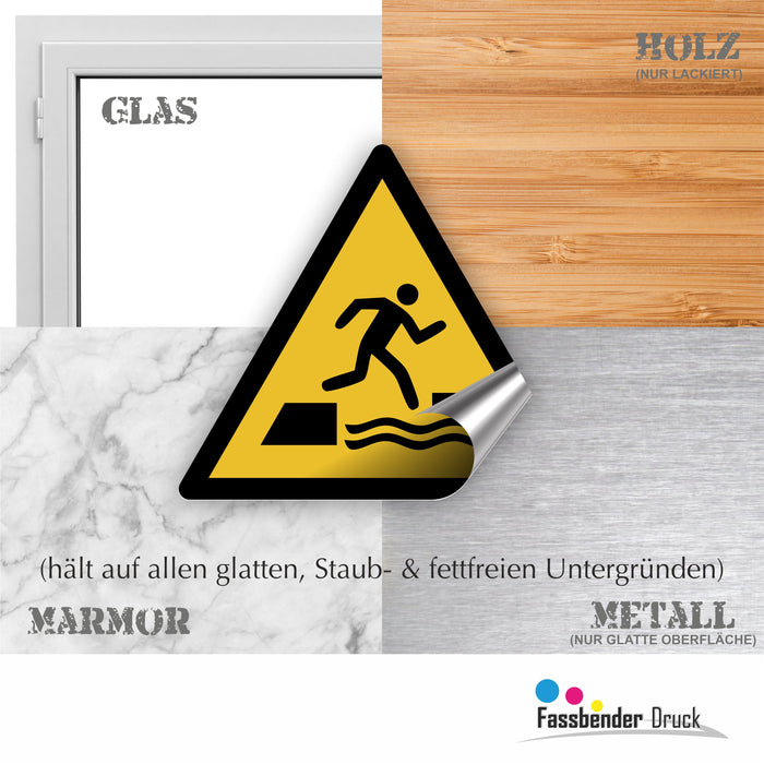 Warnzeichen (W068) Warnung vor dem ins Wasser Fallen beim Betreten oder Verlassen einer schwimmenden Fläche - nach DIN EN ISO 7010