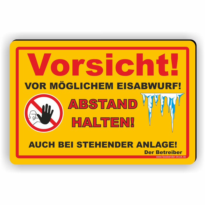 Vorsicht vor möglichem Eisabwurf - Abstand halten - Auch bei stehender Windkraftanlage (Gelb)