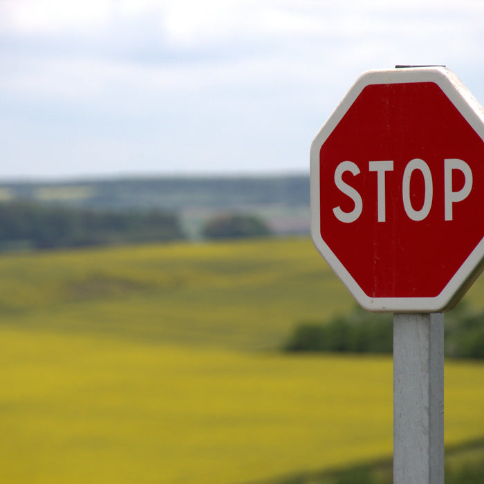Rotes Stopschild vor Landschaft
