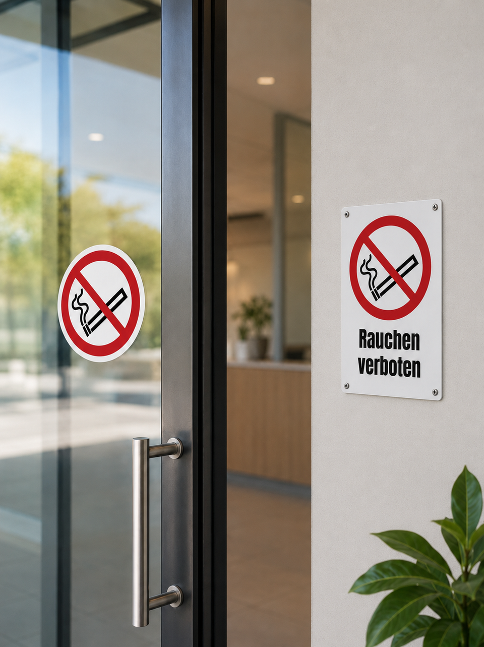 Rauchverbotsschilder als rundes Piktogramm und rechteckiges Schild mit Text