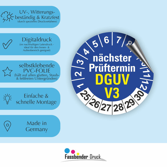 Prüfplakette Geprüft Nach DGUV Vorschrift 3, 25 - 30, Blau, Folie Selbstklebend, 20 Mm, 10 St./Bogen - Foto 3