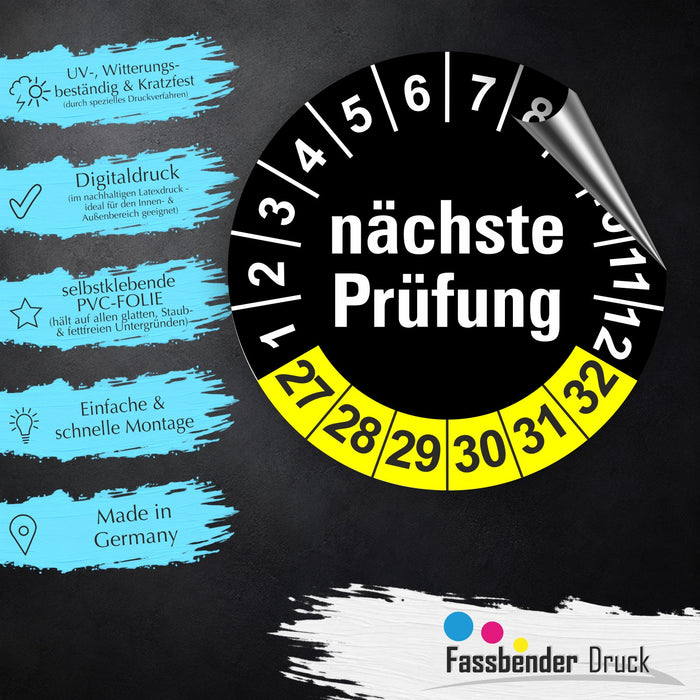 Nächste Prüfung SCHWARZ/GELB Wartungsetiketten / Prüfplaketten / Prüfetiketten