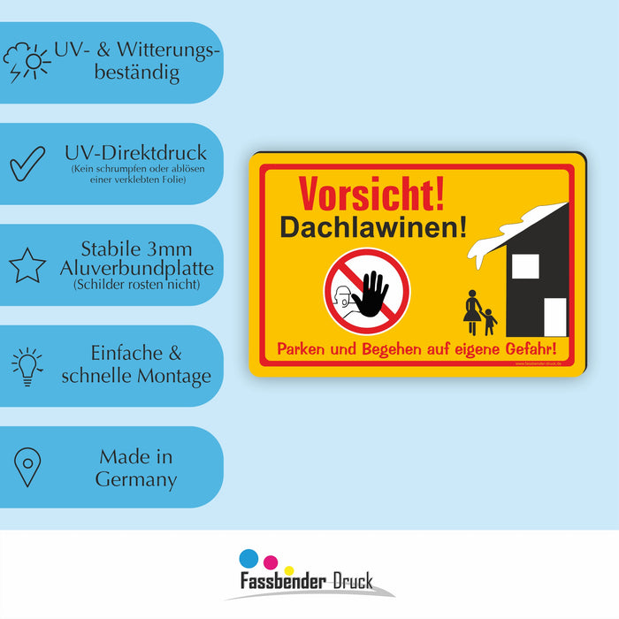WI-005 VORSICHT DACHLAWINEN - Schild für eine Gefahrenzone (Rutschgefahr) - Schild für einen Privatweg - Begehen & Befahren auf eigene Gefahr