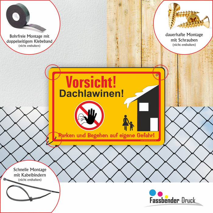 WI-005 VORSICHT DACHLAWINEN - Schild für eine Gefahrenzone (Rutschgefahr) - Schild für einen Privatweg - Begehen & Befahren auf eigene Gefahr